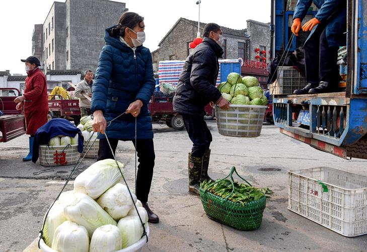 2020年1月30日,菜农在安徽铜陵郊区大通镇蔬菜批发市场销售新鲜蔬